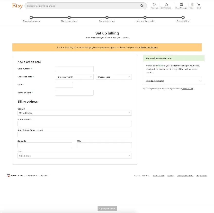 Set up billing on Etsy